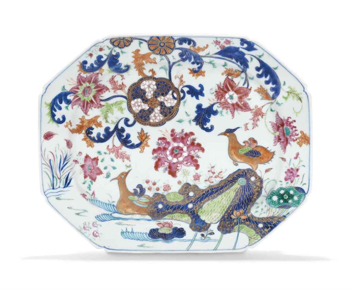 A LARGE CHINESE FAMILLE ROSE 'PSEUDO-TOBACCO LEAF' DISH by Anonymous