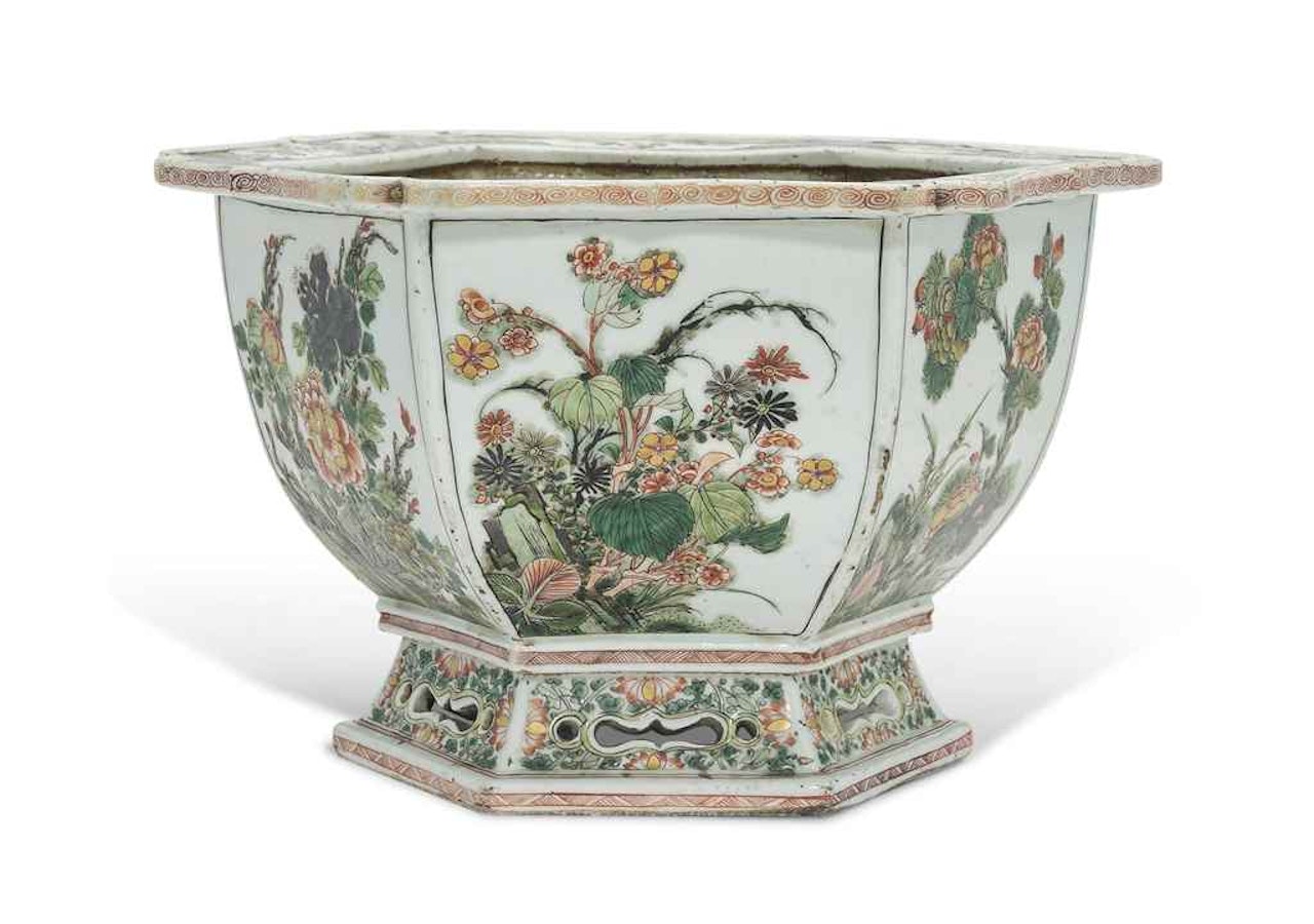 A LARGE CHINESE FAMILLE VERTE HEXAGONAL JARDINIERE by Anonymous