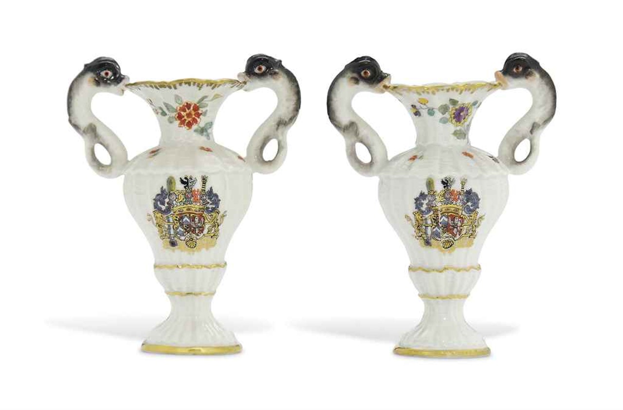 A PAIR OF MEISSEN MINIATURE TWO-HANDLED ARMORIAL VASES FROM THE SWAN SERVICE by Anonymous