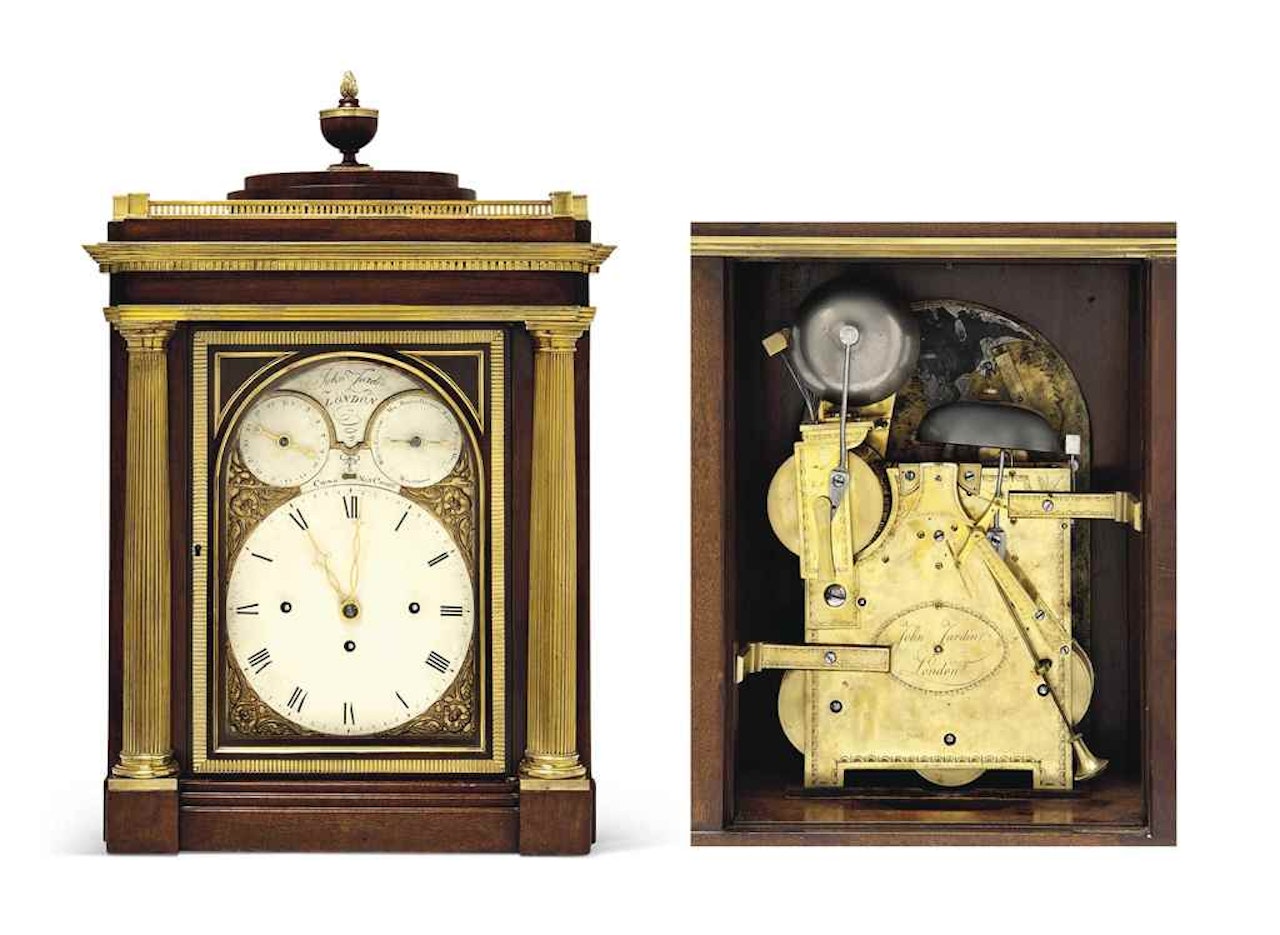 A GERMAN ORMOLU-MOUNTED MAHOGANY QUARTER-CHIMING MUSICAL CLOCK by Anonymous
