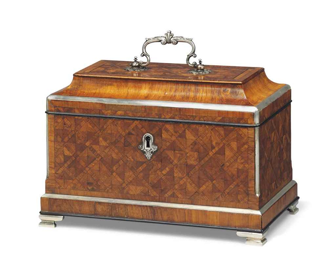 A GEORGE II SILVERED-MOUNTED KINGWOOD PARQUETRY TEA-CADDY by Anonymous