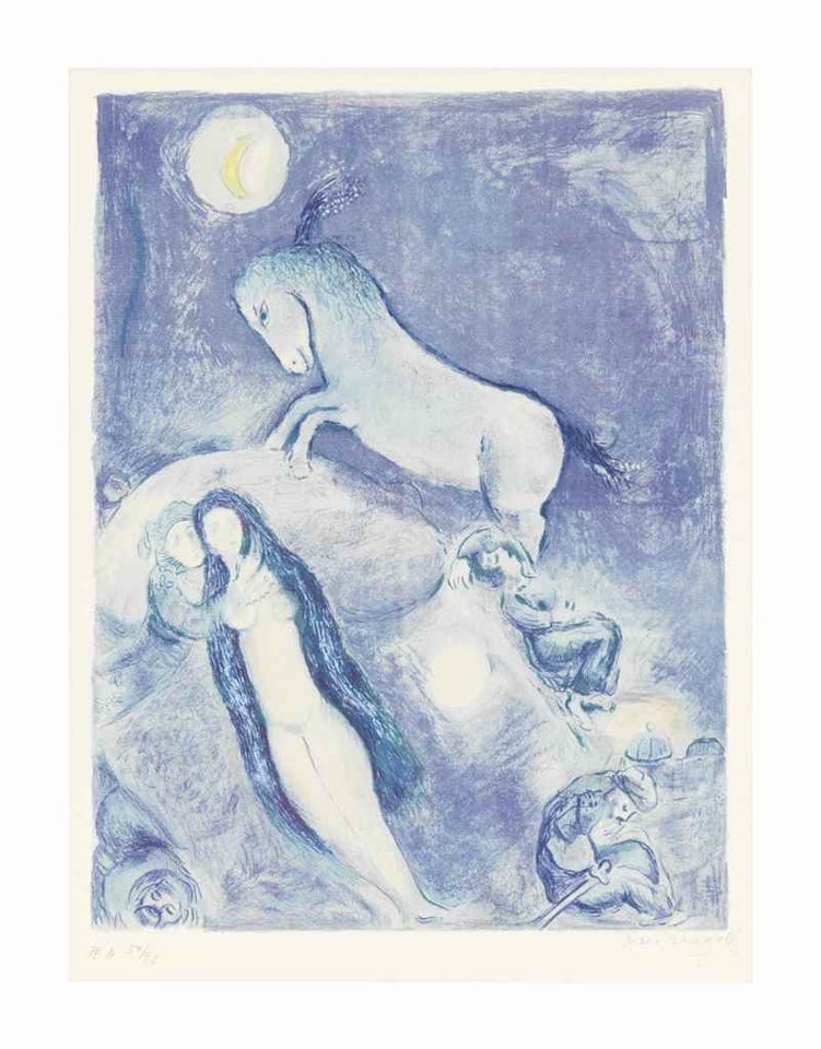 He went up to the Couch and found a young Lady asleep, chemised with her Hair as she were the full Moon rising over the eastern Horizon..., from Four Tales from the Arabian Nights by Marc Chagall