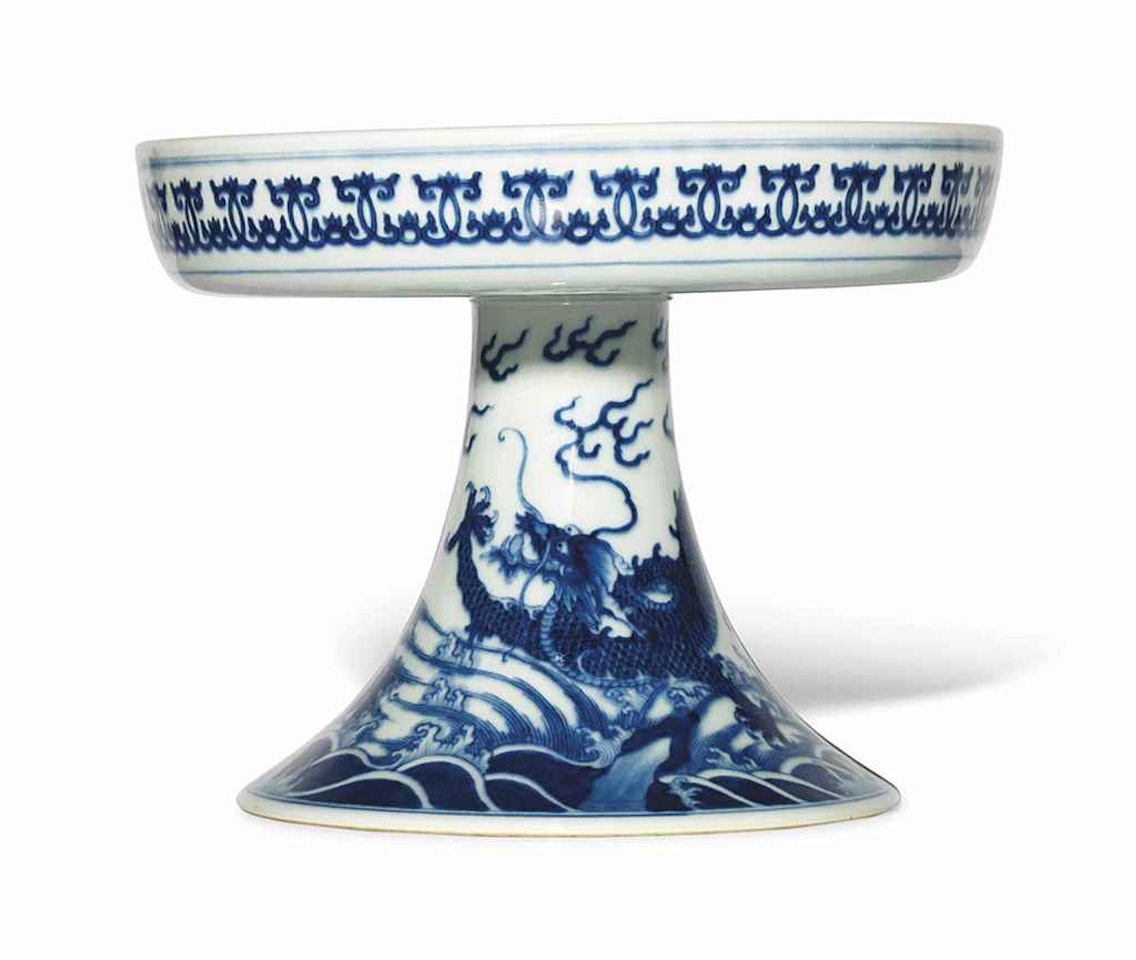 A BLUE AND WHITE 'DRAGON' STEM DISH by Anonymous