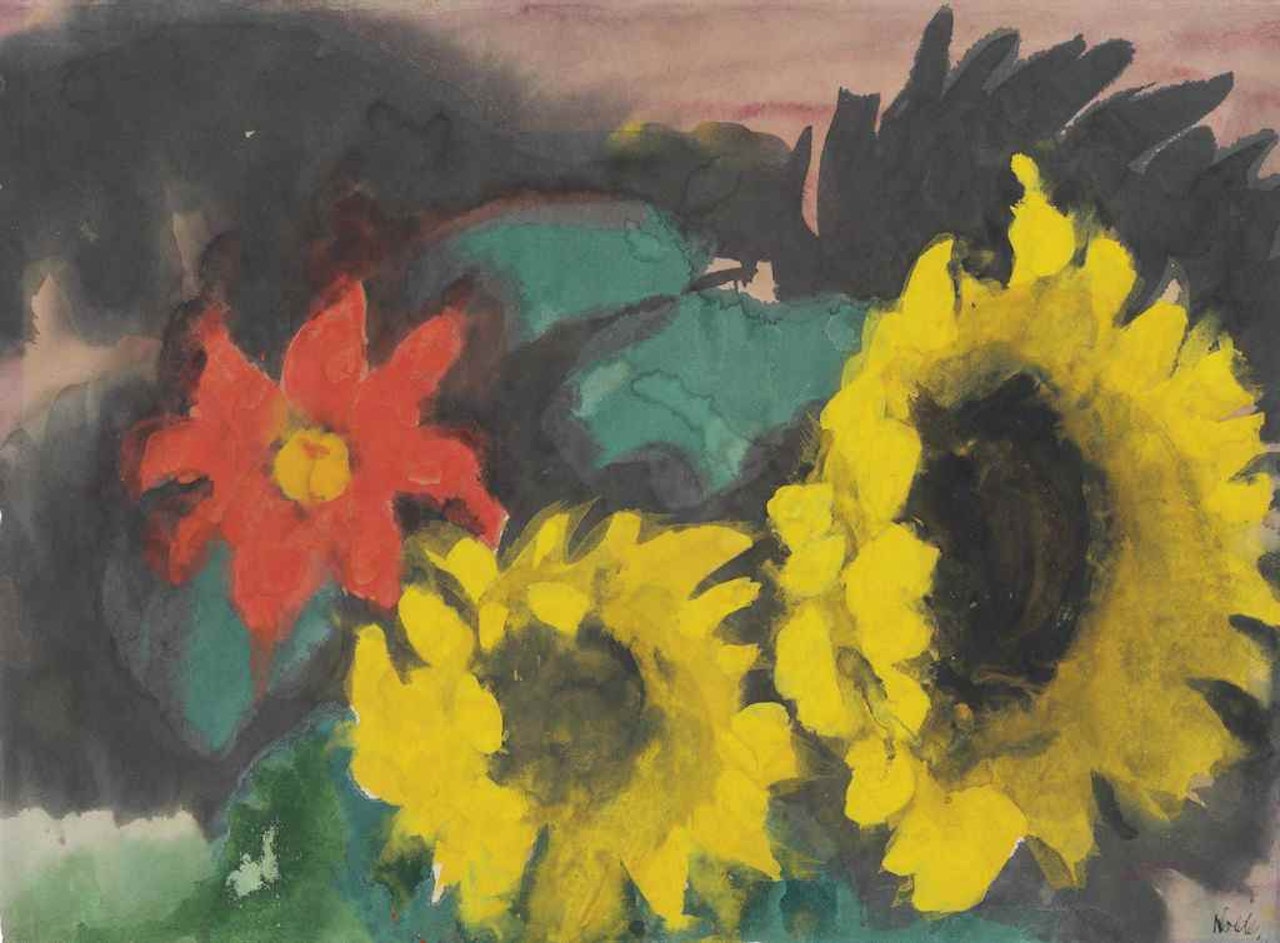 Zwei Sonnenblumen und einer roten Blüte by Emil Nolde