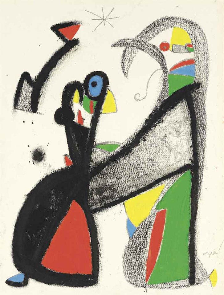 L'oiseau parle à l'étoile pour guider le couple d'amoureux by Joan Miró