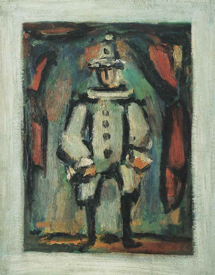 Pierrot debout aux rideaux rouges, entrée en scène by Georges Rouault