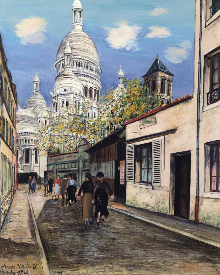 Rue du Chevalier de la Barre, Les coupoles du Sacré-Cœur et le clocher de Saint-Pierre de Montmartre by Maurice Utrillo