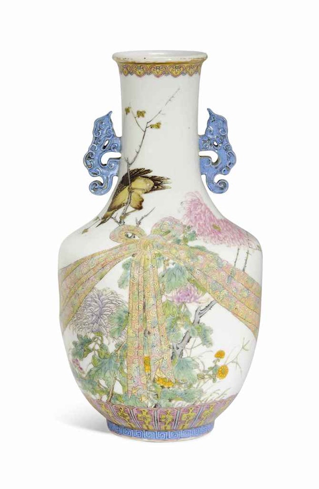 A FAMILLE ROSE 'BIRD AND CHRYSANTHEMUM' VASE by Anonymous