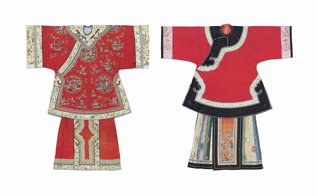 TWO RED-GROUND DAMASK LADY’S INFORMAL ROBES AND TWO APRON SKIRTS by Anonymous