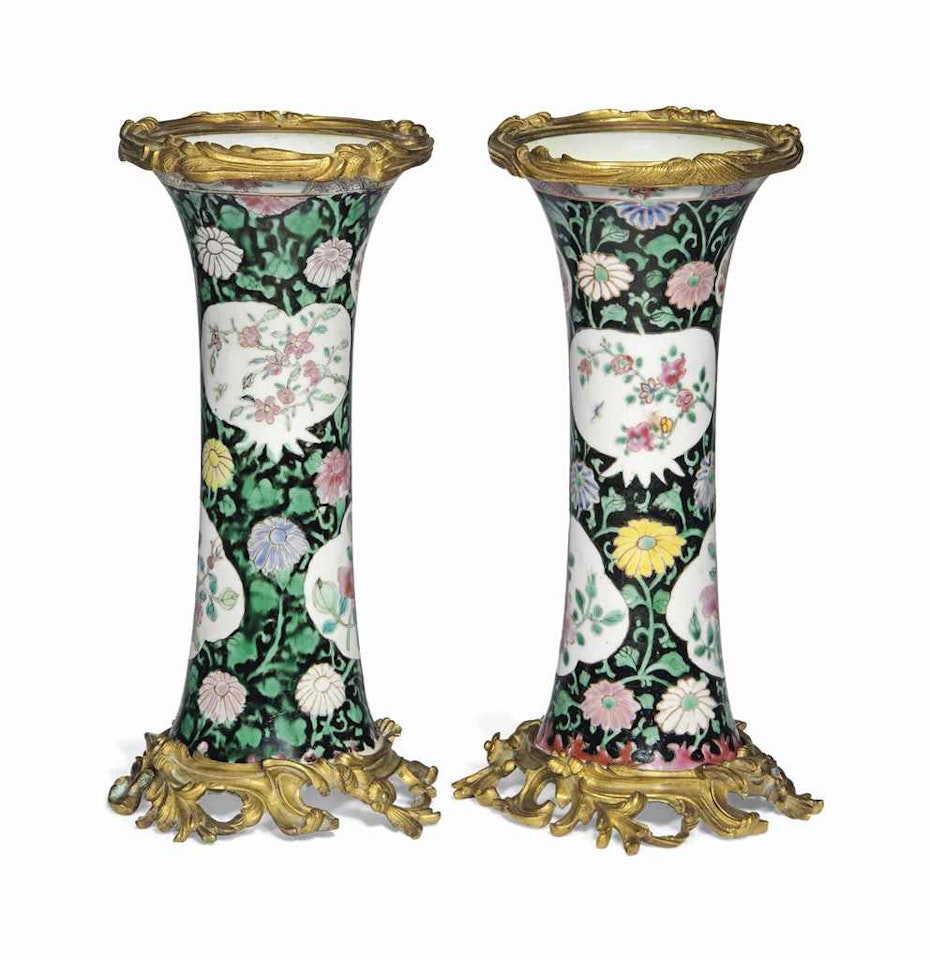 A PAIR OF ORMOLU-MOUNTED FAMILLE ROSE BLACK-GROUND BEAKER VASES by Anonymous
