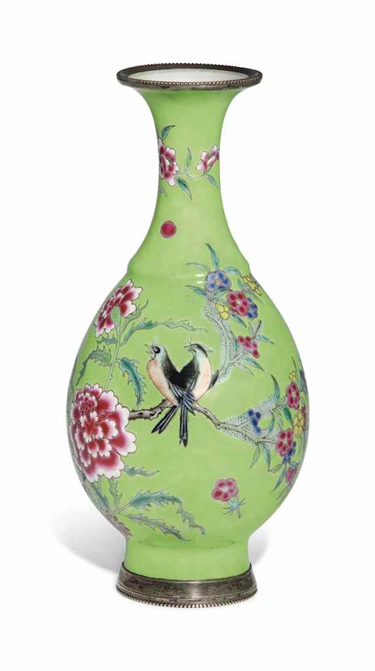 A SILVER-MOUNTED LIME-GREEN GROUND FAMILLE ROSE 'BIRD AND FLOWER' VASE by Anonymous