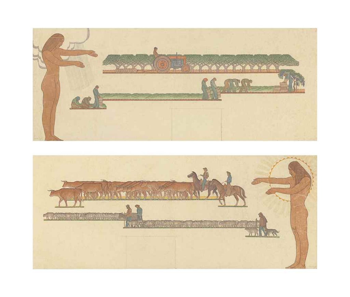 Studies for 'Grass Land' and 'Ploughed Land' Murals by Maynard Dixon