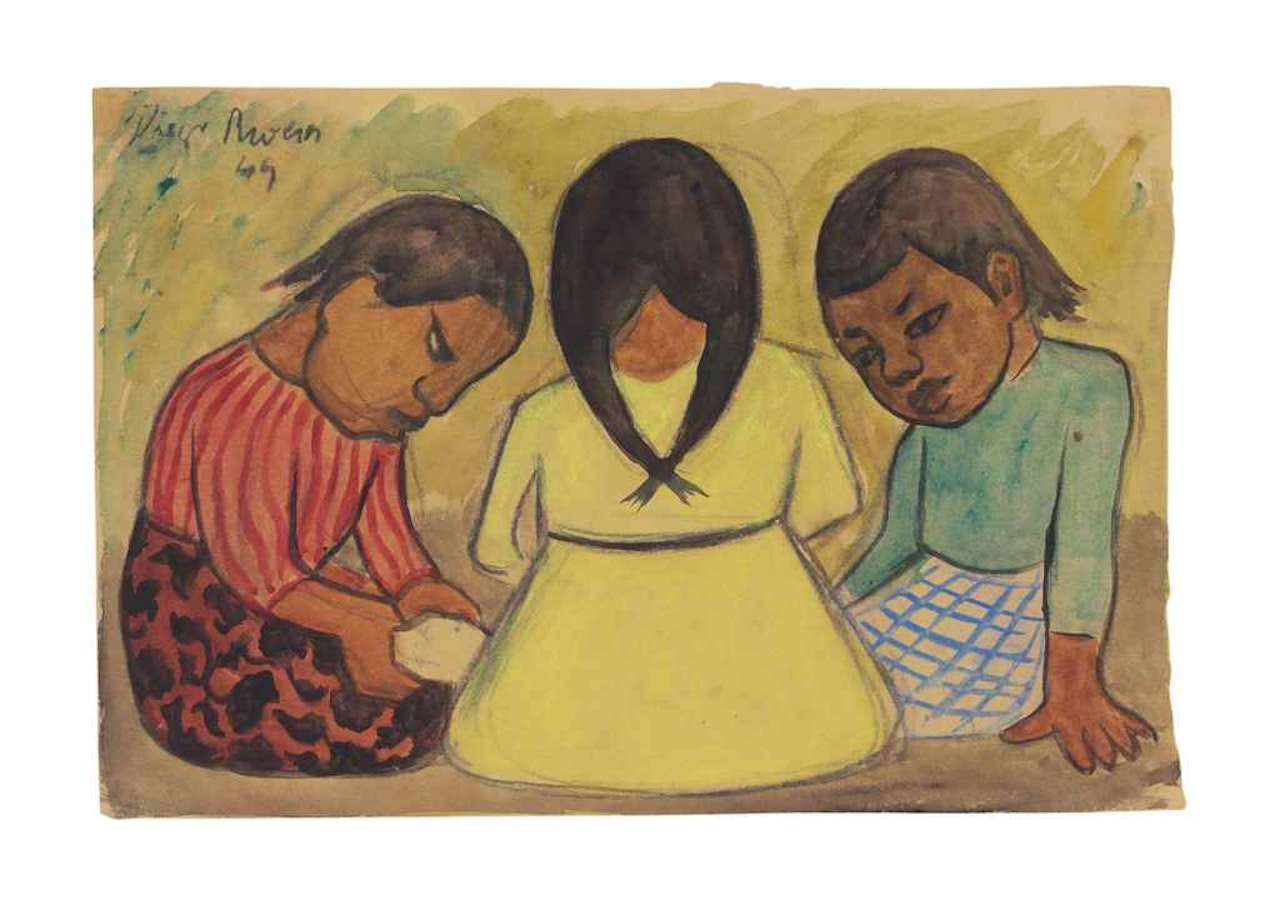 Tres niñas sentadas en el suelo by Diego Rivera