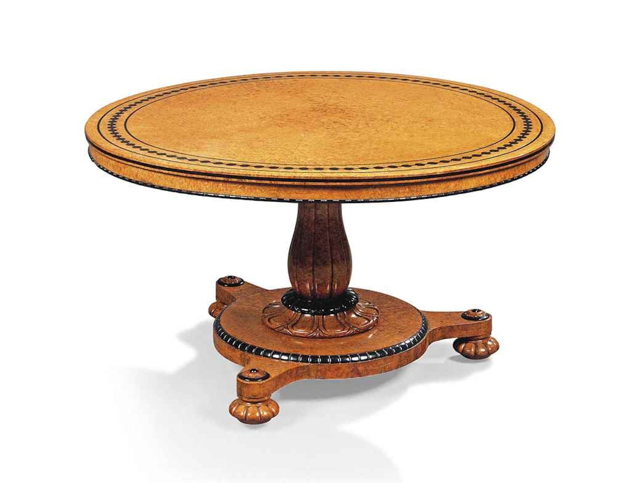 AN EARLY VICTORIAN AMBOYNA AND EBONY-INLAID BREAKFAST TABLE by Anonymous