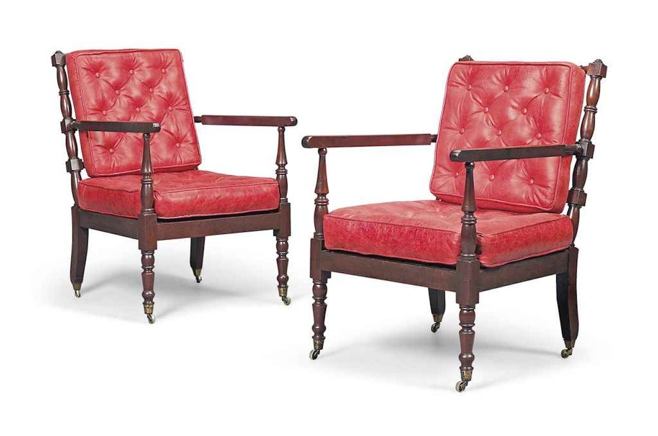 A PAIR OF REGENCY MAHOGANY LIBRARY ARMCHAIRS by Anonymous