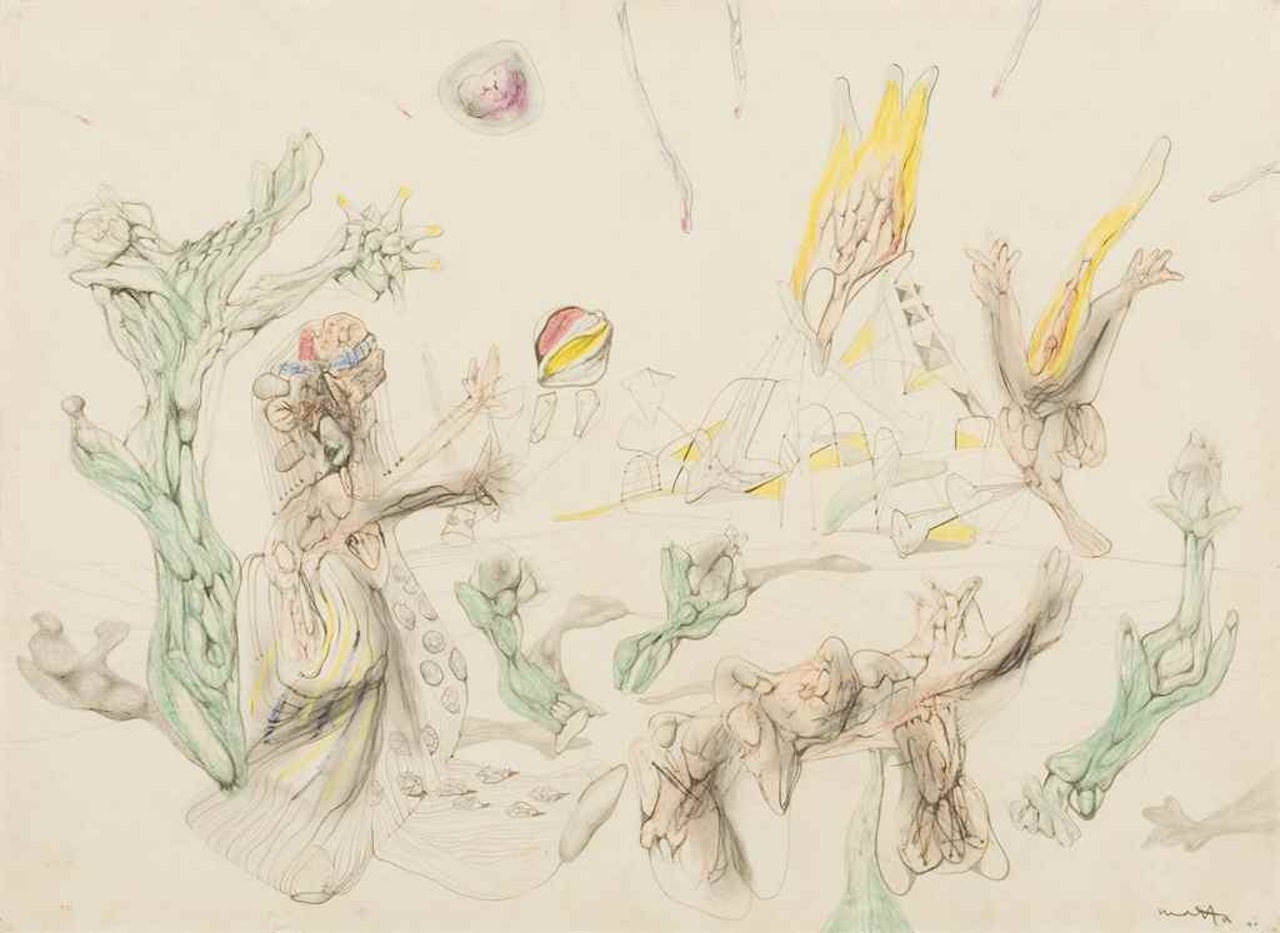 Femme jouant à la balle devant un volcan by Roberto Matta