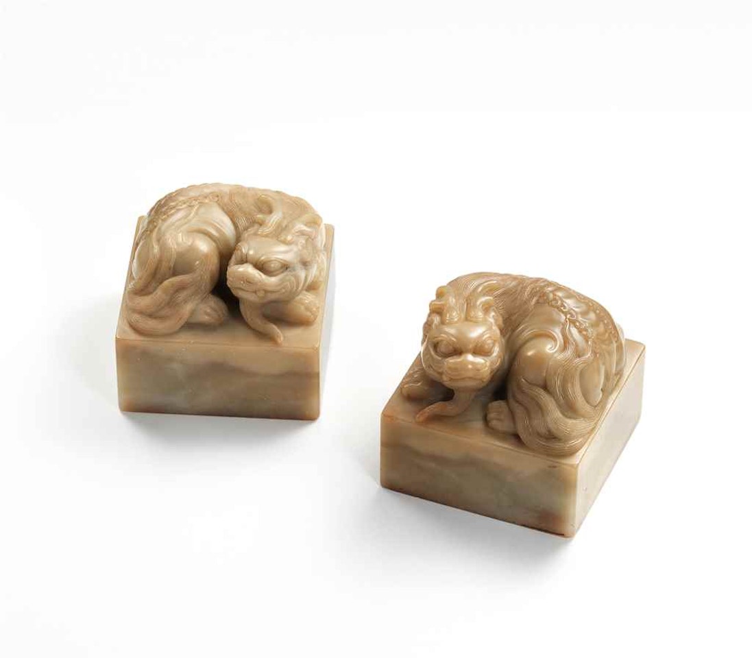 A PAIR OF SOAPSTONE ‘QILIN’ SQUARE SEALS by Anonymous