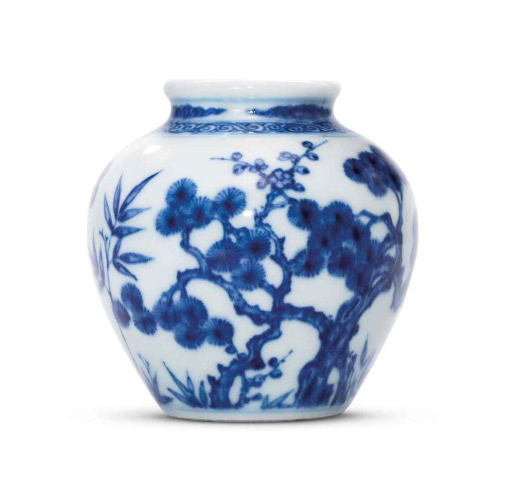 A SMALL BLUE AND WHITE 'THREE FRIENDS OF WINTER' OVOID JARLET by Anonymous