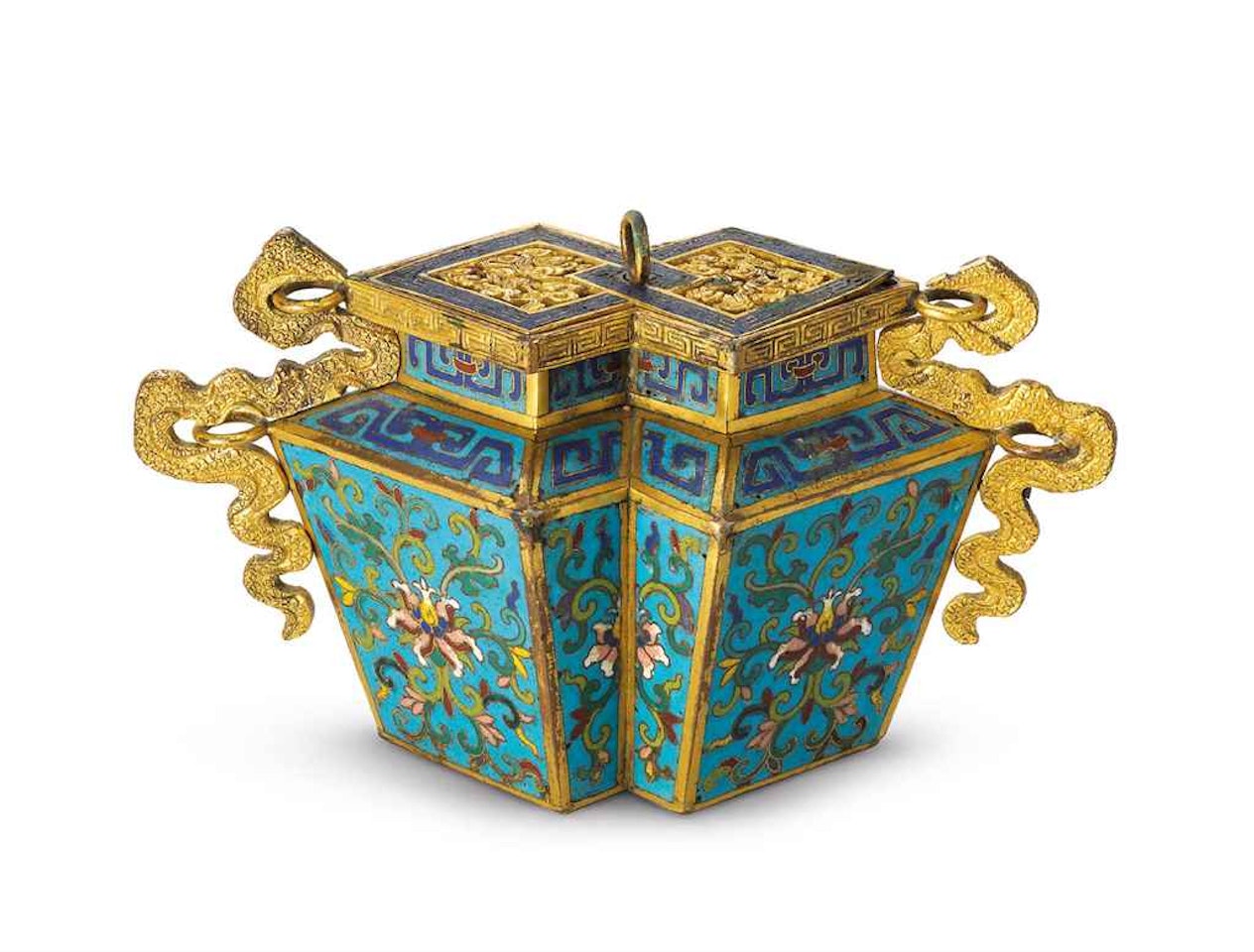 A CLOISONNE ENAMEL DOUBLE LOZENGE-SHAPED CENSER AND COVER by Anonymous