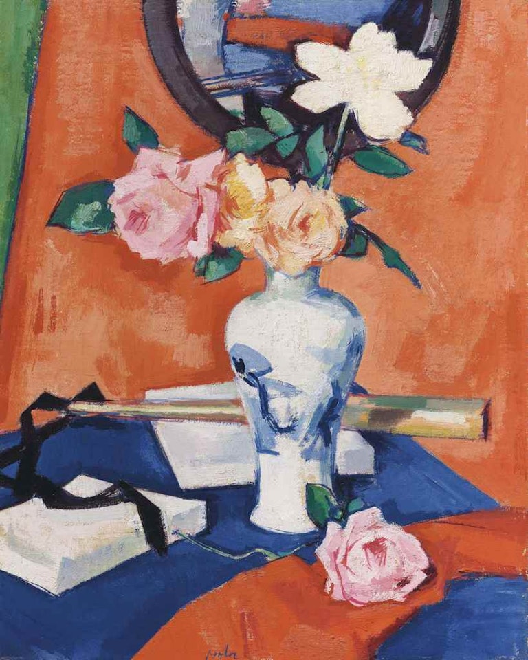 Roses in a vase against an orange background by Samuel John Peploe