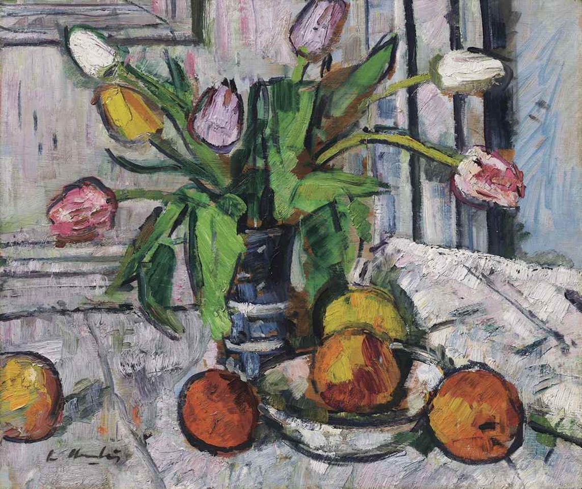 Tulips in a blue vase by George Leslie Hunter
