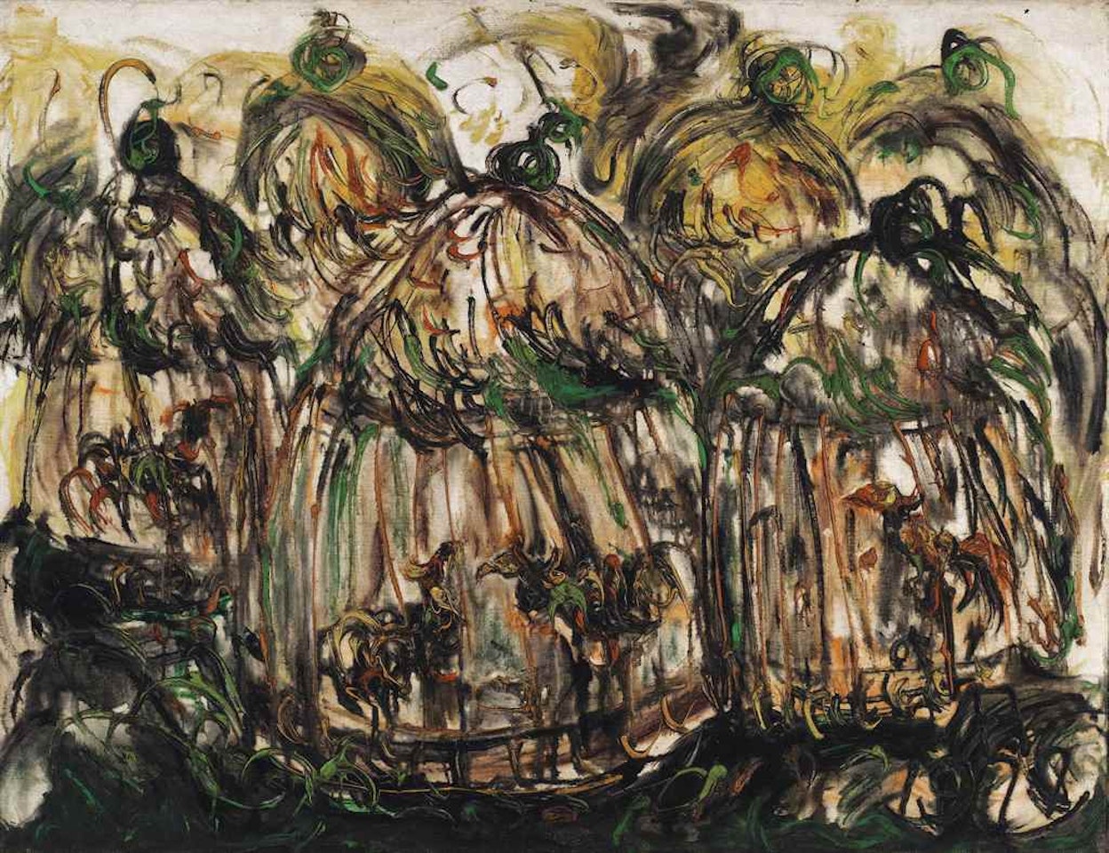 FIGHTING ROOSTERS IN BASKETS by Affandi