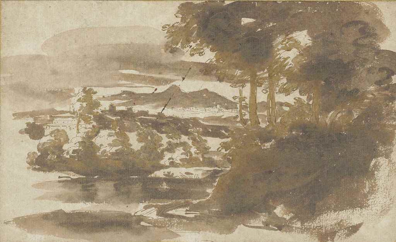 An Italian landscape with trees to the right and towns in the background by Jan de Bisschop