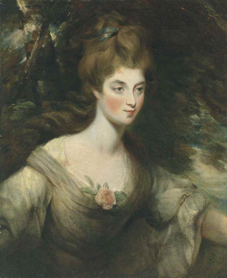 Portrait of Elizabeth, Lady Croft (1754-1815), half-length, in a white dress, in a wooded landscape by John Constable