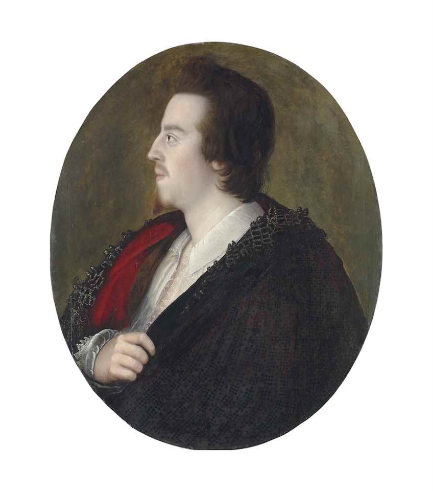 Portrait of a gentleman, bust-length, in an open white shirt with a cutwork trim, a red-lined brocade cloak, with a wool gold thread trim by English School