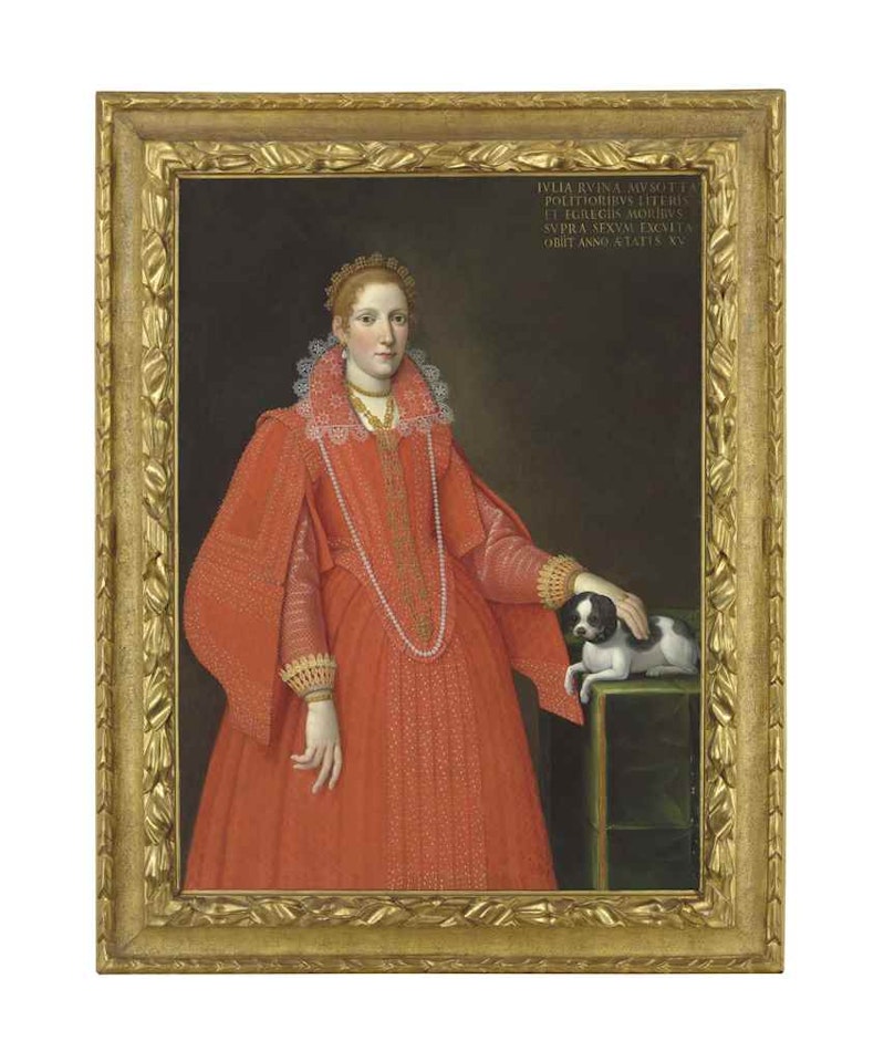 Portrait of Giulia Ruini Musotti, three-quarter-length, in a red brocade gown with a winged collar and attached open-fronted reticella ruff, with her dog by Florentine School