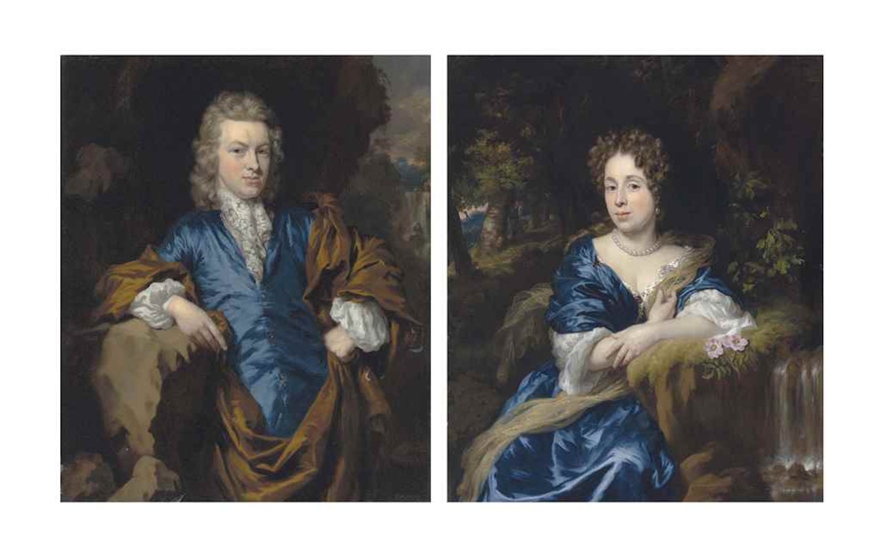 Portrait of a gentleman in blue, three-quarter-length; and Portrait of a lady in blue, three-quarter-length by Nicolaes Maes
