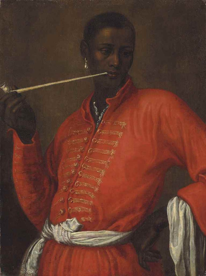 Portrait of a moor, half-length, smoking a churchwarden pipe, with his left arm akimbo by Dutch School
