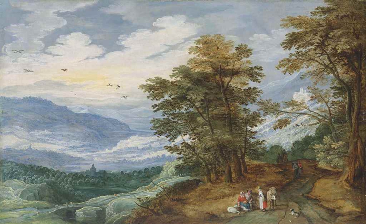 A wooded landscape with figures resting by a path, villages in the mountains beyond by Joos de Momper the Younger
