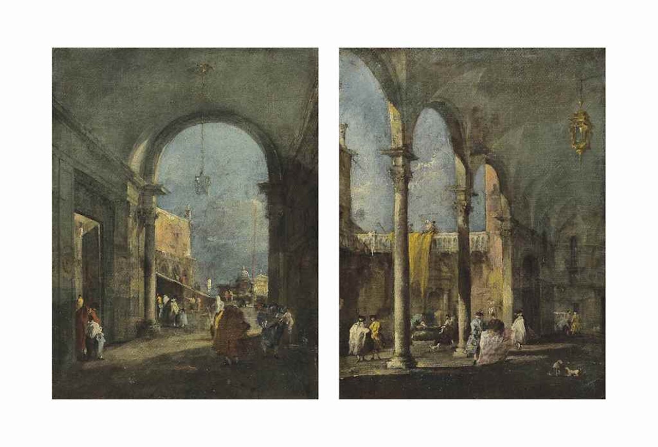 View through a portico with the Doge’s Palace; and A portico in a courtyard by Francesco Guardi