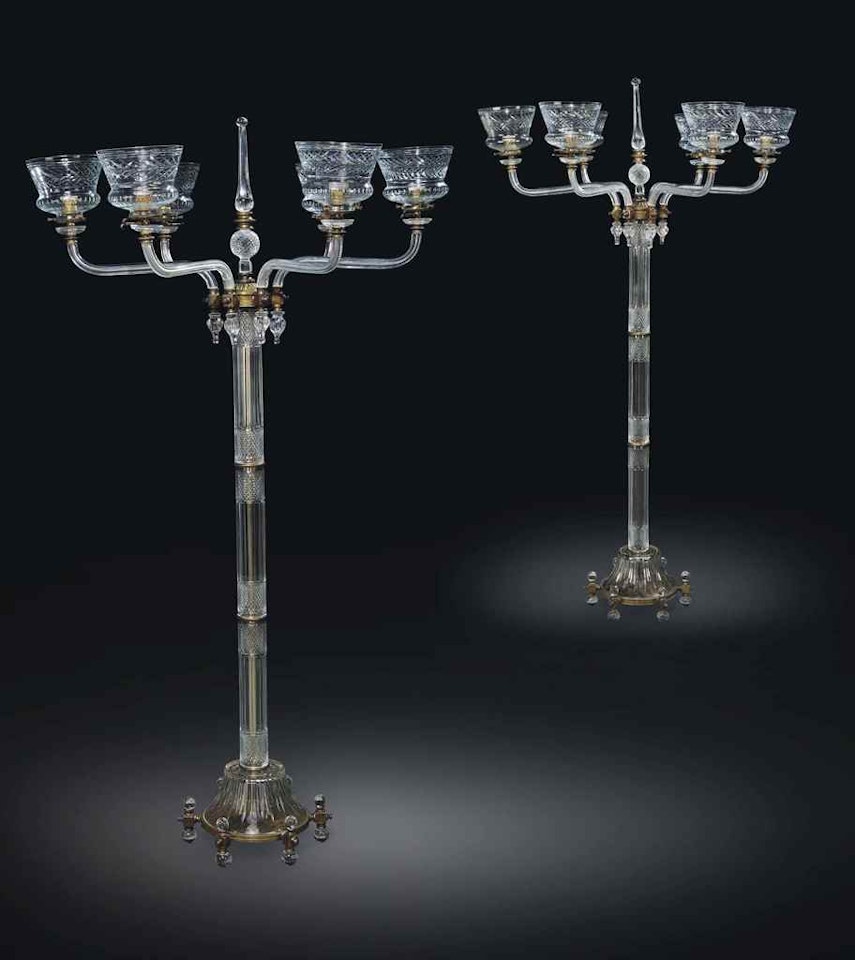 A PAIR OF LARGE MID-VICTORIAN GLASS AND GILT-BRONZE SIX-LIGHT FLOOR LAMPS BY F. &.C OSLER by Anonymous