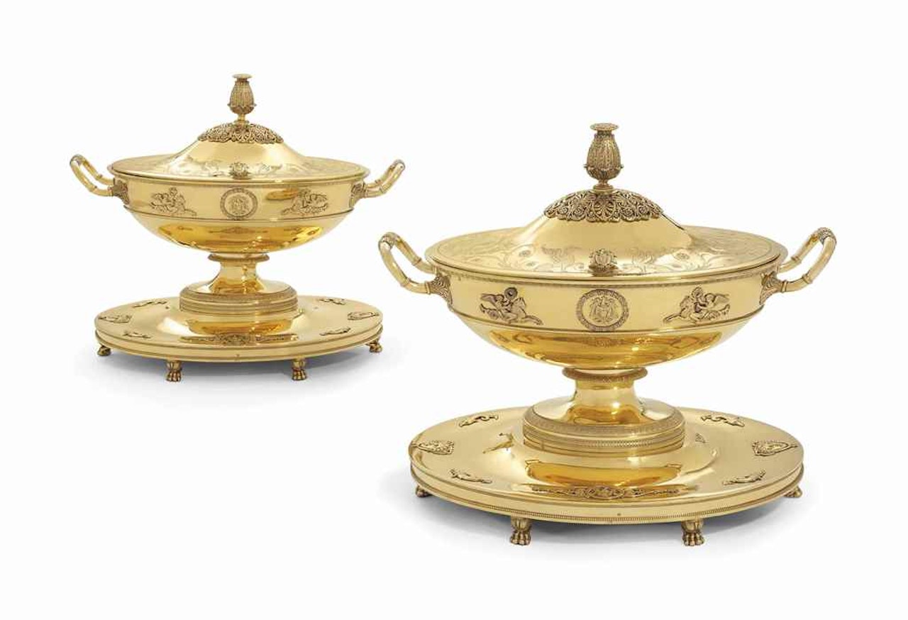 AN IMPORTANT PAIR OF FRENCH SILVER-GILT SOUP-TUREENS, COVERS, STANDS AND LINERS by Anonymous