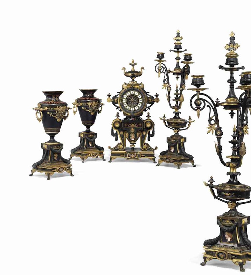 A FRENCH GILT AND PATINATED-BRONZE AND PORCELAIN FIVE-PIECE CLOCK GARNITURE BY HOUDEBINE ET CIE. by Anonymous