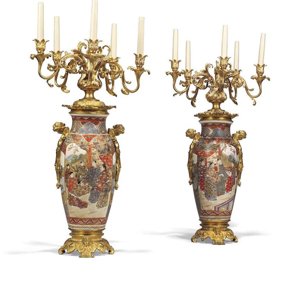 A PAIR OF FRENCH ORMOLU-MOUNTED SATSUMA PORCELAIN FIVE-LIGHT VASE CANDELABRA by Anonymous