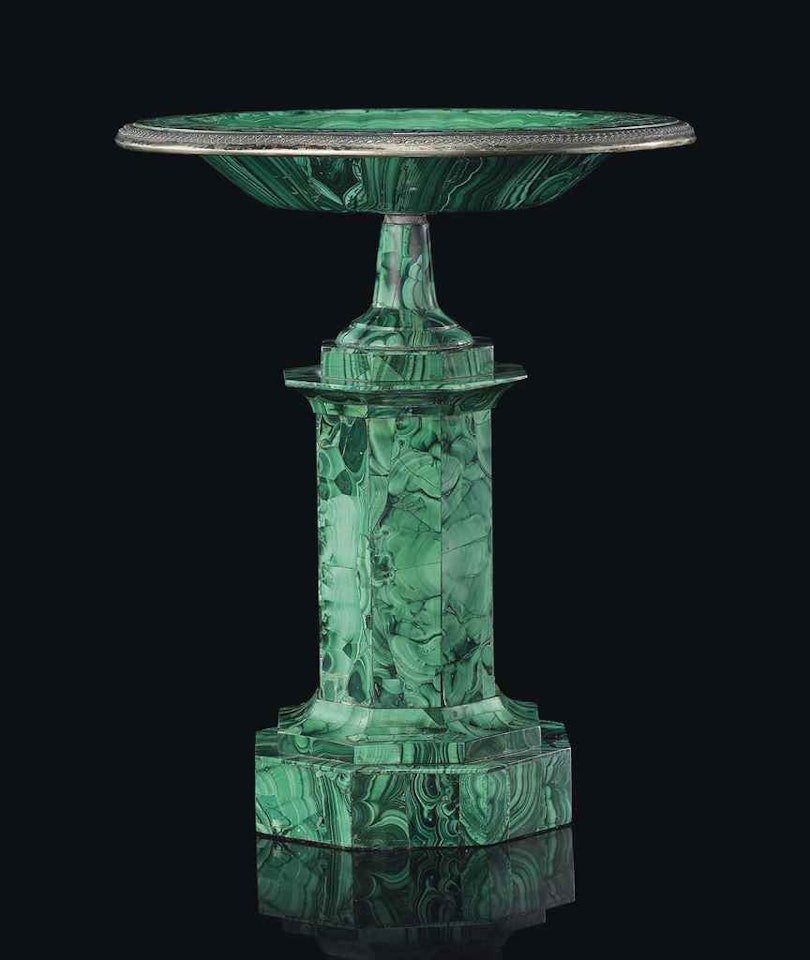 A RUSSIAN SILVERED-BRONZE-MOUNTED MALACHITE TAZZE by Anonymous