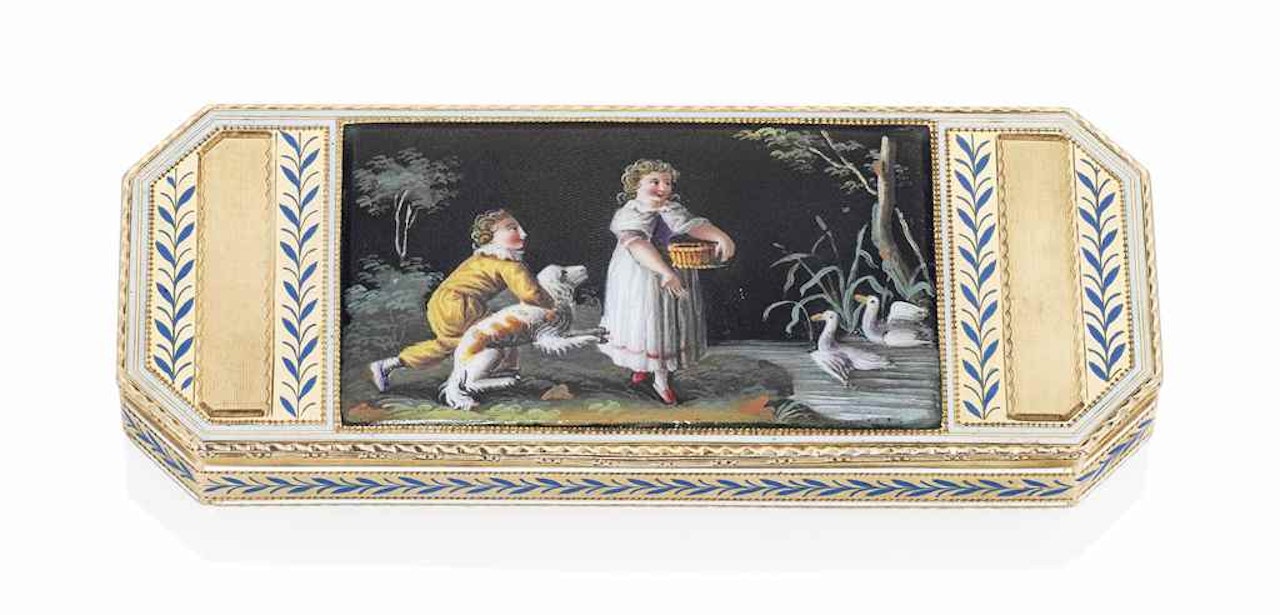 A SWISS ENAMELLED GOLD SNUFF-BOX by Anonymous