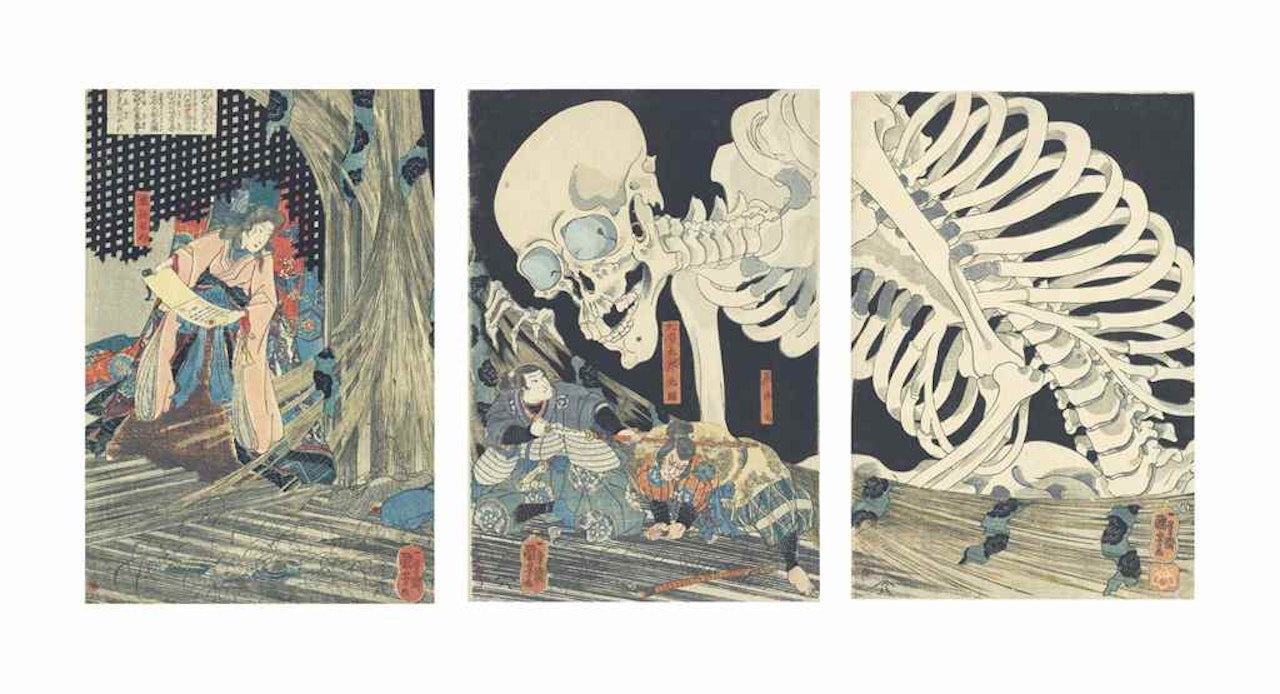 THE WITCH PRINCESS TAKIYASHA CALLING UP A MONSTROUS SKELETON SPECTRE AT THE OLD PALACE IN SOMA by Utagawa Kuniyoshi