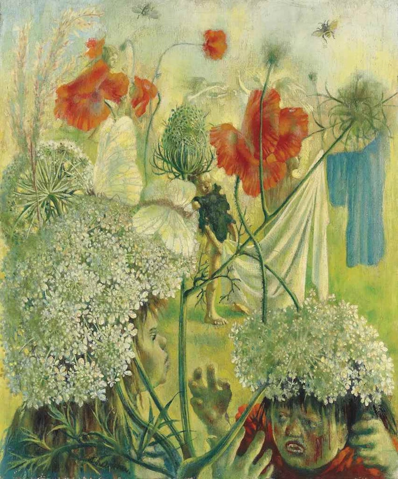 Children fighting among summer flowers (Childhood of Lenore) by Pavel Tchelitchew