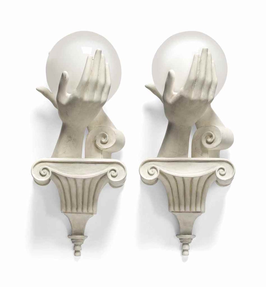 A PAIR OF WHITE PLASTER AND MILK GLASS 'HAND' WALL-LIGHTS by Anonymous