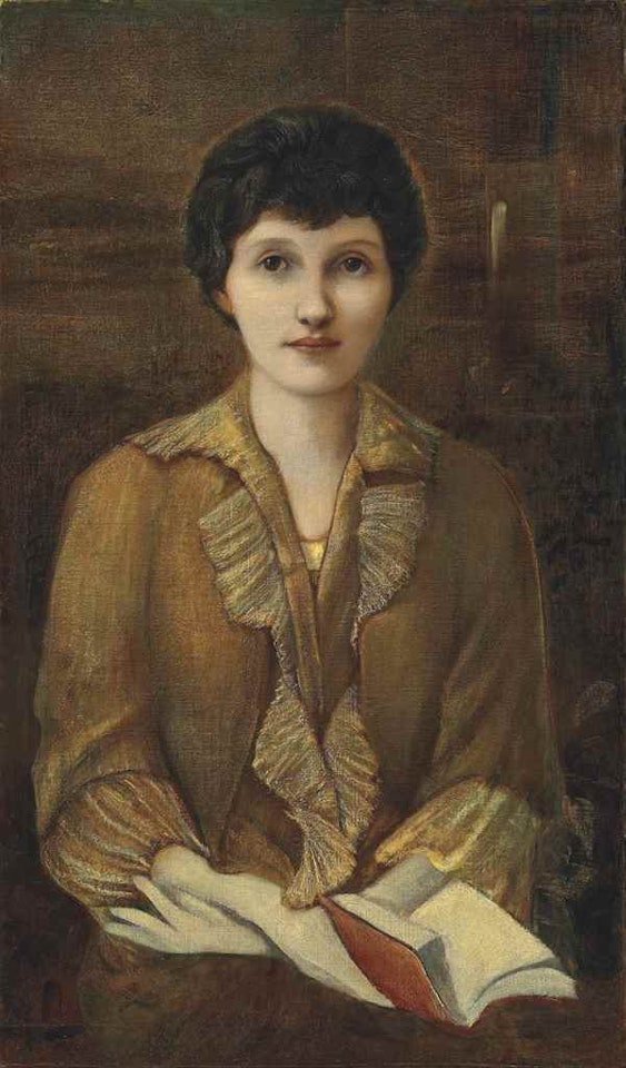 Portrait of Lady Elizabeth Lewis, three-quarter length, with a book in her lap by Edward Coley Burne-Jones
