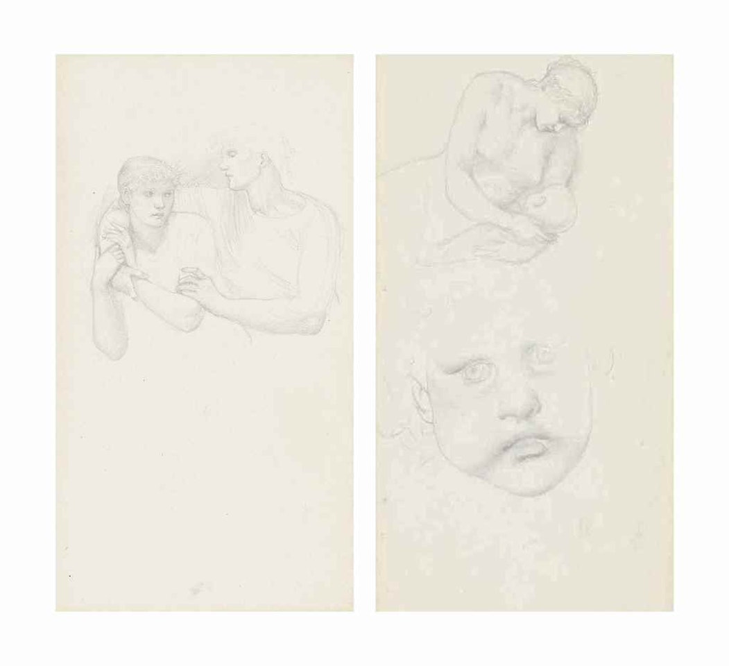 Study of mother and child for 'The Nativity' with a subsidiary study of a child's face (recto and further head studies (verso); Study of an embracing couple; and Study of the head of a baby, in profile, (recto) with further head studies (verso) by Edward Coley Burne-Jones