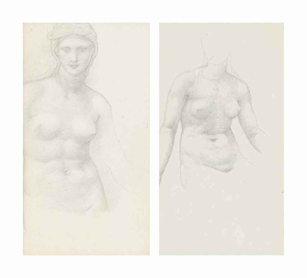 Nude figure studies, possibly for 'The Golden Stairs', three-quarter-length, one seated, one with two studies of the head of a baby (verso) by Edward Coley Burne-Jones