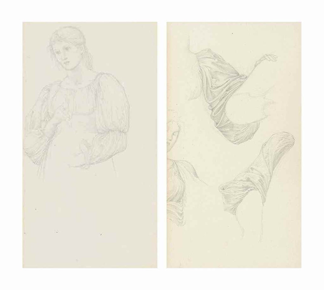 Studies for 'The Golden Stairs': one figure study holding the neck of a trumpet, traditionally identified as Mary Gladstone; and three studies of draped sleeves, one with a partially cropped female figure study by Edward Coley Burne-Jones