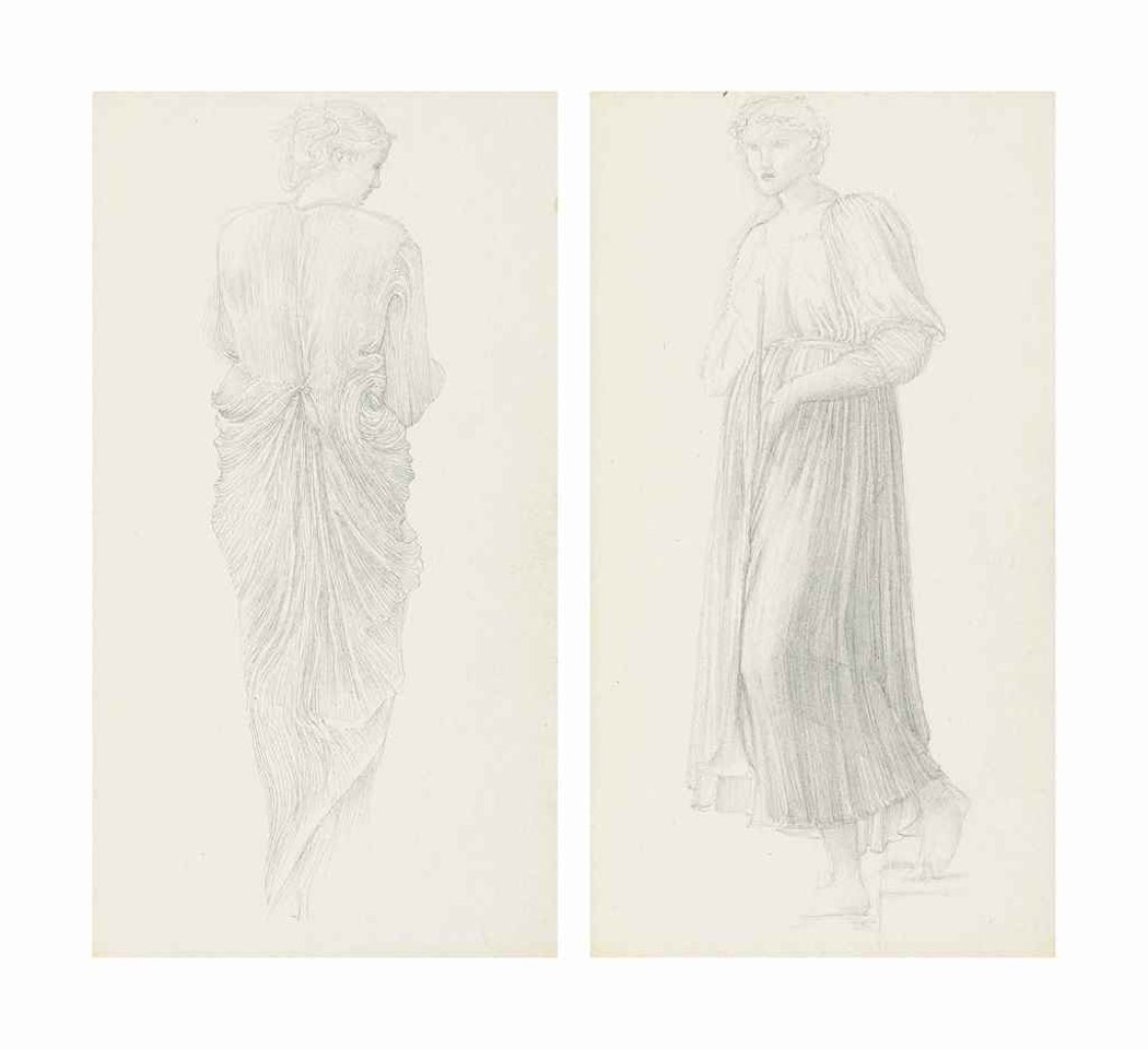 Studies for 'The Golden Stairs': draped female figure studies, one holding a trumpet (recto) and a figure seen from behind (verso); the second seen from behind facing right (recto) and a drapery study of a pleated skirt on a figure descending stairs (verso) by Edward Coley Burne-Jones