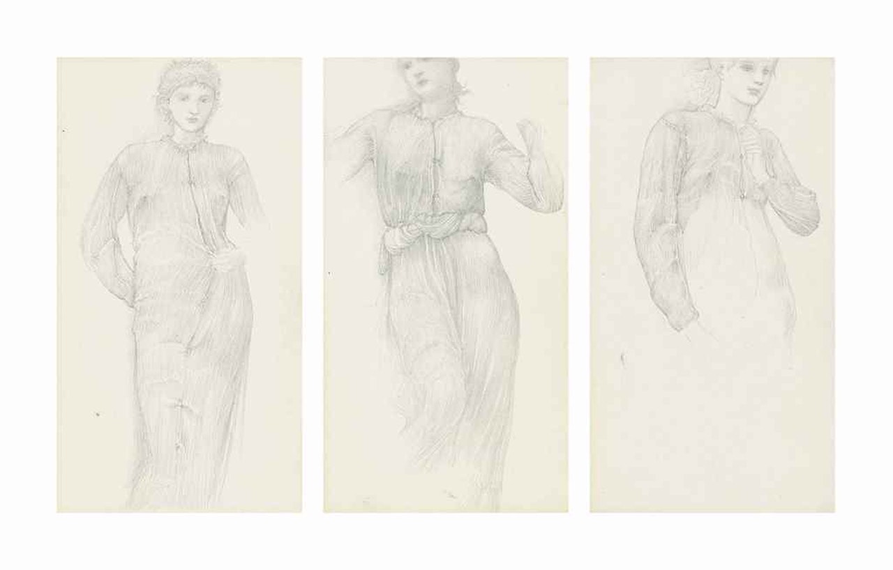Studies for 'The Golden Stairs': draped female figure studies, one traditionally identified as Margaret Burne-Jones, one with a subsidiary drapery study (verso) by Edward Coley Burne-Jones
