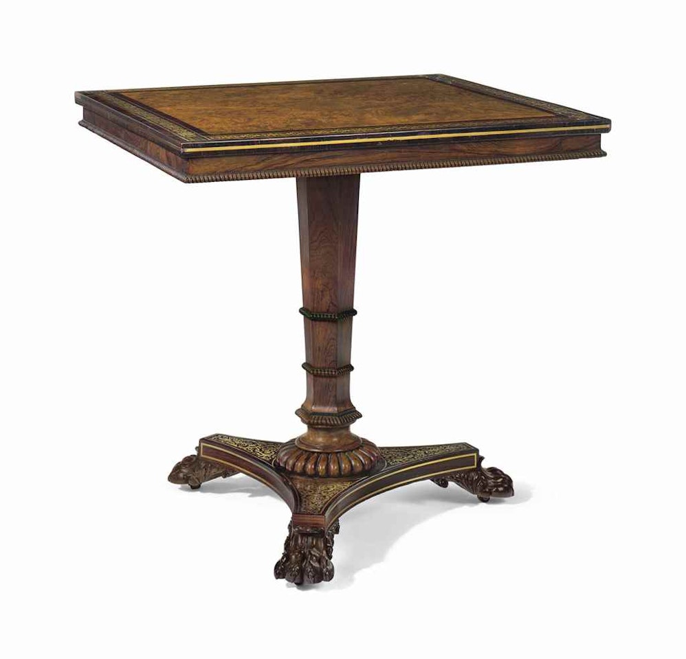 A REGENCY BRASS-INLAID ROSEWOOD AND AMBOYNA TABLE by Anonymous